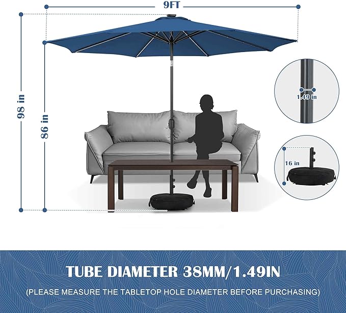 Sundale Outdoor Olefin 5-Year-Non-Fading Solar 80 LED 9 FT Solar Patio Umbrella with Sand Bag Base Outdoor Umbrella with Tilt and Crank Navy