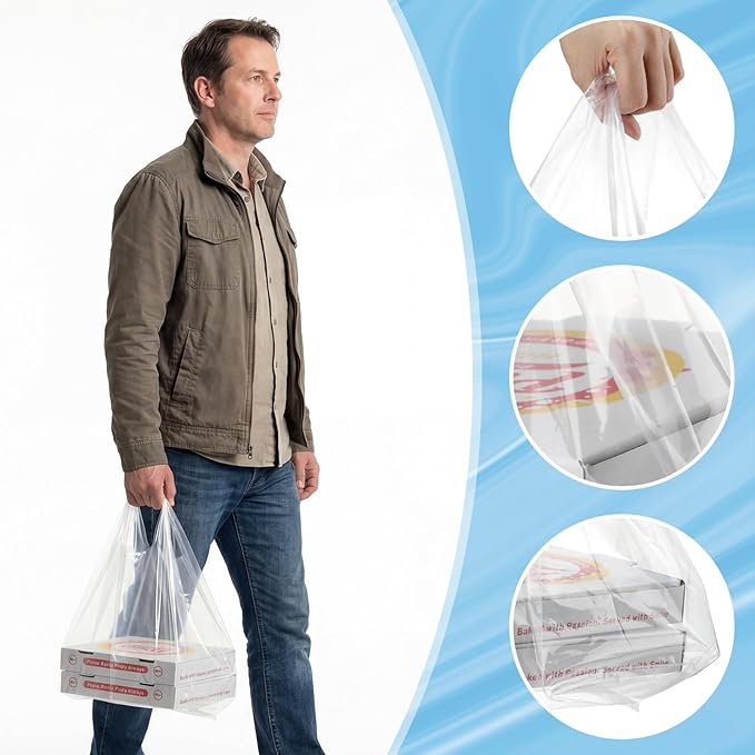 100 Pcs 3.15 Mil Large Plastic Take out Bags with Handles Heavy Duty Clear Shopping Bag Widened Grocery Bags for Pizza Bakery Cake Box (13.8x10x23.5)