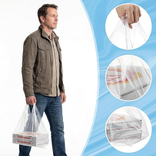 100 Pcs 3.15 Mil Large Plastic Take out Bags with Handles Heavy Duty Clear Shopping Bag Widened Grocery Bags for Pizza Bakery Cake Box (13.8x10x23.5)
