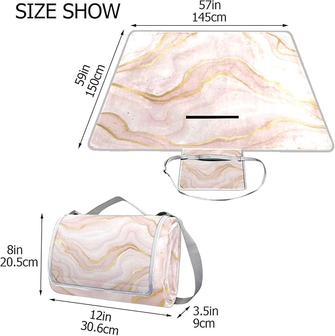 MNSRUU Picnic Blanket Waterproof Foldable Marble Pink Large Outdoor Picnic Beach Camping Blanket Travel Mat Shoulder Strap Tote Rectangle 57x59in