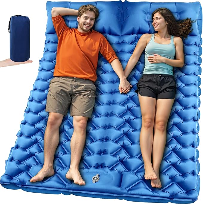 Sleeping Pad for Camping 2 Person Double Camping Pad with Built-in Foot Pump and Pillow Inflatable 4in Extra-Thick Ultralight Air Mattress for Backpacking Hiking Travel Tent Car Gift
