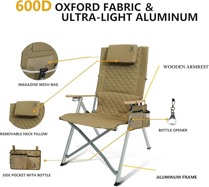 Reclining Camping Chair Heavy Duty Folding Chairs with 4-Stage Adjustable High Back for Adults Compact Foldable Outdoor Patio Reclining Chair with Storage Bag (Khaki 2 Pack)