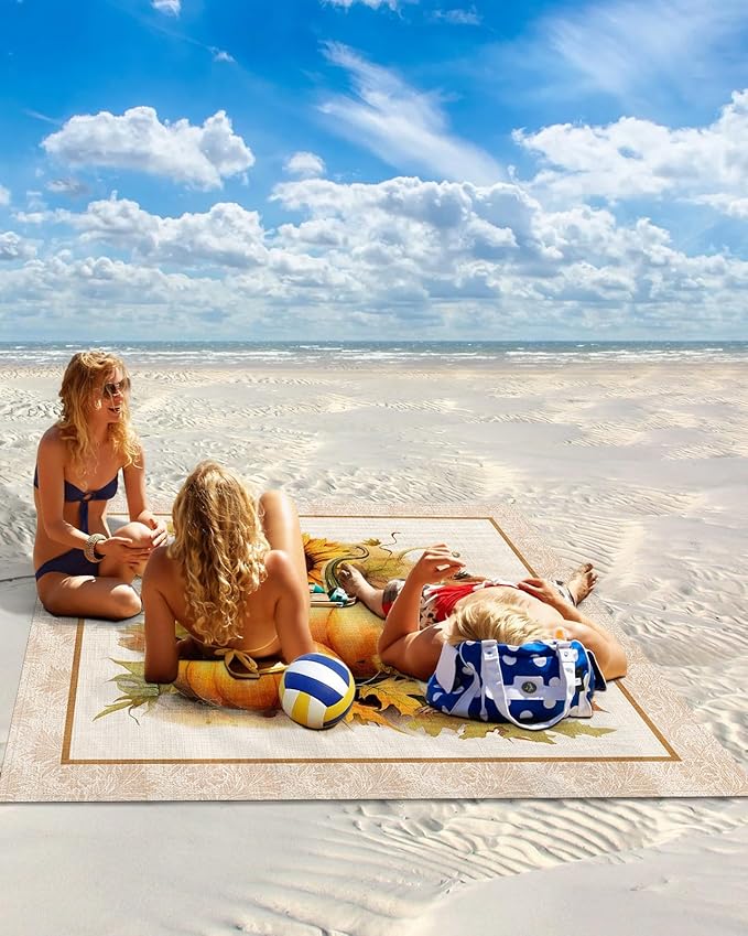 Beach Blanket Waterproof Sandproof Orange Pumpkin Squirrel Fall Watercolor Sunflower Quick Drying Beach Mat with 4 Stakes Thanksgiving Farm Harvest Lightweight Picnic Blanket for Travel 108x84