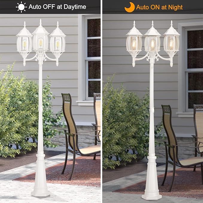 Dusk to Dawn Sensor Outdoor Lamp Post Light 3-Head Classic White Light Pole with Clear Glass Panels (3 LED Bulbs Included Max.100W) Waterproof Outside Street Light for Backyard Garden Driveway