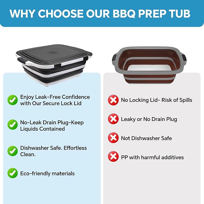 Collapsible BBQ Prep Tub for Meal Prep MarinatingFood Storage picnics camping barbecuescutting fruits and vegetables - Includes Cutting Board and Locking Lid(X-Large) Black