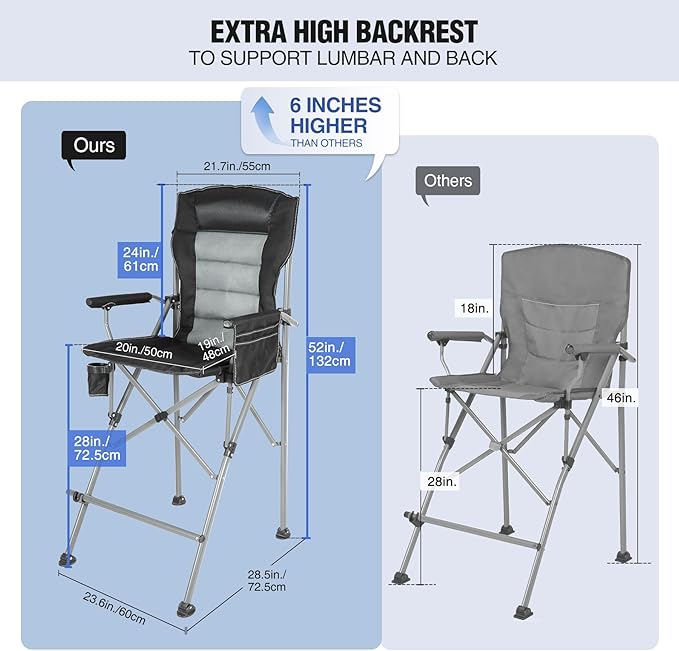 Extra Tall Folding Chairs for Adults 2 Pack Portable Bar Height Foldable Director Chairs for Camping Outside Comfortable with Makeup PocketHigh Back and Footrest Black and Red
