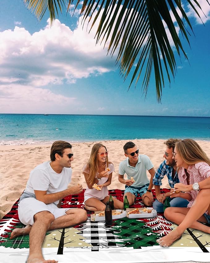 Beach Blanket Waterproof Sandproof Christmas Tree Red Black Buffalo Plaid Quick Drying Beach Mat with 4 Stakes Winter Snowflake Seamless Lightweight Picnic Blanket for Travel Camping 83x79
