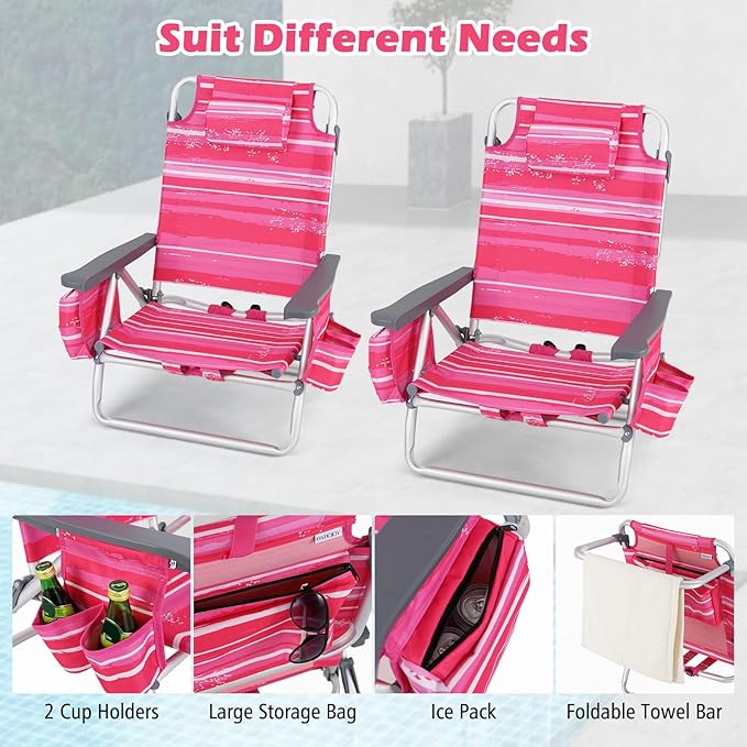 Goplus Beach Chair Folding Backpack Beach Chairs for Adults with 5 Positions Head Pillow Cooler Bag Towel Bar Cup Holders Sunbath Sling Tanning Lounge Foldable Layout Camping Chairs