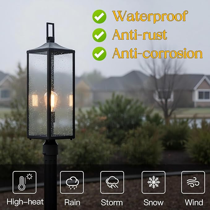 25.6” Hardwired Outdoor Post Lamp for Residential Sidewalk Lamp Post Outdoor Lighting for Exterior Gate Post Pier Mount Lights Large Size Steel and Glass 25.6inch Exterior Pillar Lantern E26