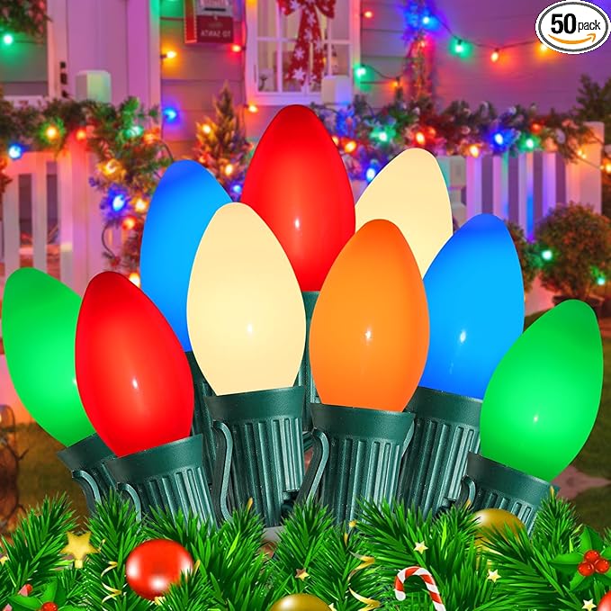 Christmas Decorations - 50 Feet C7 Vintage Christmas Lights Multicolor Christmas Tree Lights Outdoor Christmas String Lights with 50+5 Pack Bulbs for Christmas Tree Home Patio Yard Decor E12 Base