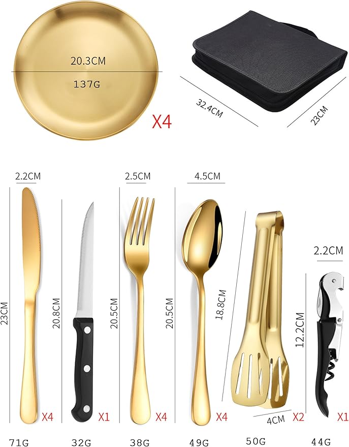 Camping Mess Kits with Portable Case Stainless Steel Outdoor Picnic Dinnerware Set with Plate Spoon Fork Knife Cloth Napkins