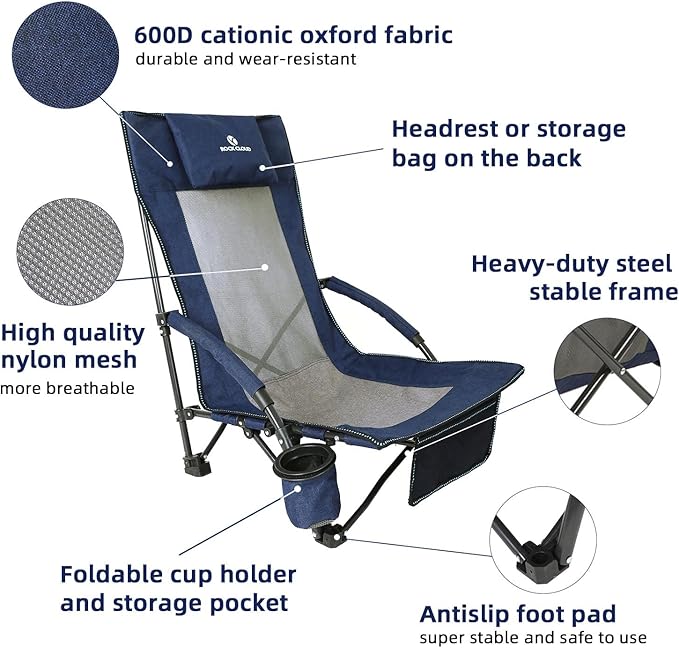 ROCK CLOUD Portable Folding Beach Chair Low Camping Chairs for Camp Lawn Hiking Sports Hunting