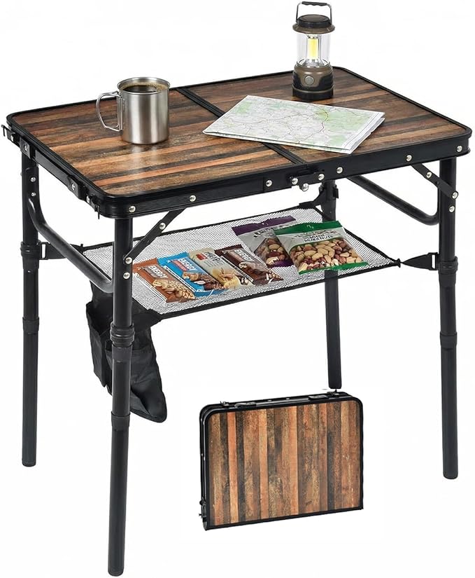 Small Folding Camping Table 2ft Portable Picnic Table Aluminum 24 x 16 Folding Table 3 Adjustable Heights Portable Lightweight Table Dining Table for RV Picnic Beach (Wood Grain)