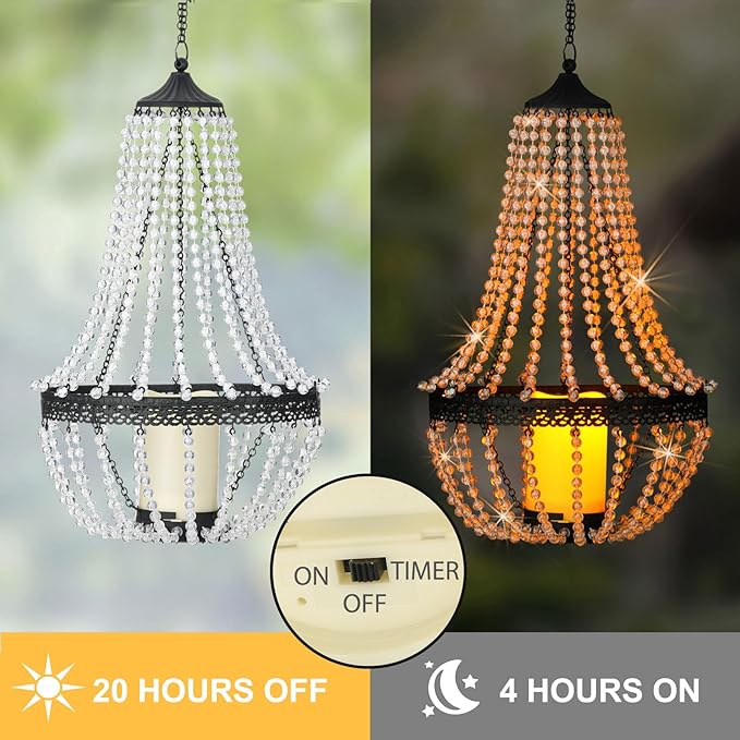 Hanging Candle Chandelier Outdoor Battery Operated Clear Acrylic Beaded Chandelier with Flickering Led Candle Light S Hooks Modern Lantern for Garden Yard Patio Gazebo Room Indoor Decorations 27”H