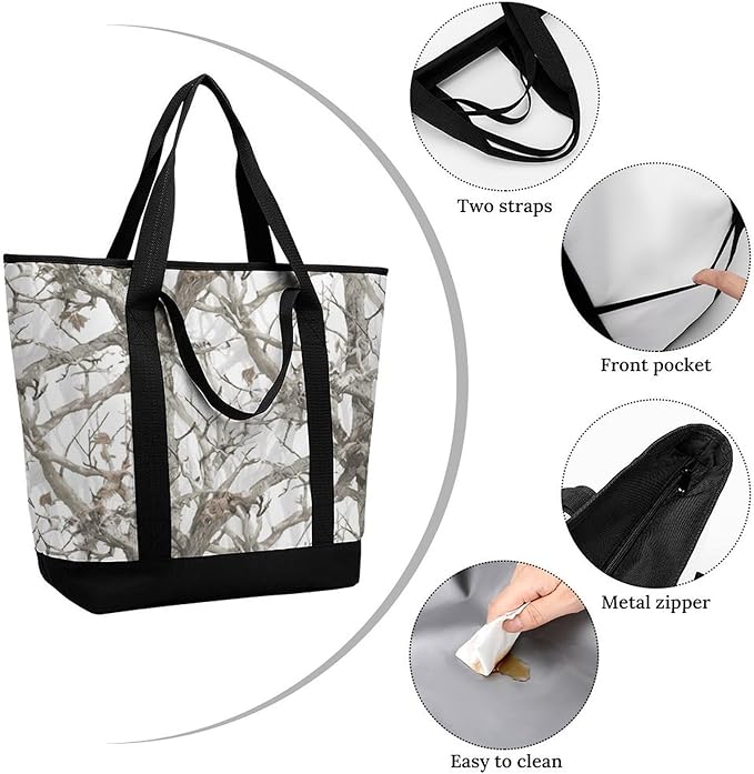 Insulated Shopping BagLarge Reusable Cooler Bags White Tree Camo Printed Foldable Shopping BagTravel Waterproof Shoulder Bag