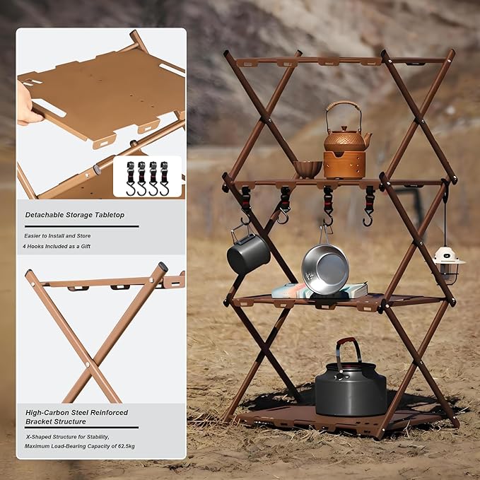 Portable Camping Table &amp Shelf 2-in-1Folding Carbon Steel Picnic Rack 37 4-Tier Storage Cook Station with 4 HooksPerfect for Party Dining Camping BBQ Indoor Outdoor
