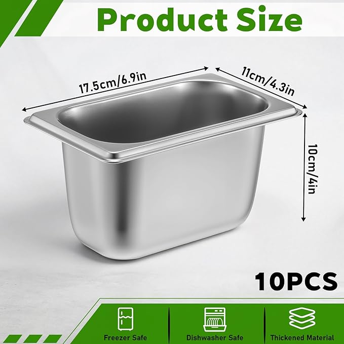 Giantree 10 Packs 1/9 Size 4 Inch Deep Hotel Pan Stainless Steel Steam Table Pan Commercial Metal Food Containers for Hotel Buffet Restaurant Catering Supplies 0.8 mm Thick 6.9 L x 4.3 W