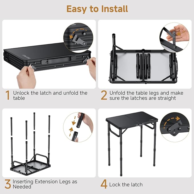 Folding Camping Table 22 x 15 Picnic Table with 3 Adjustable Height Max 27.5 Matte Black Aluminum Folding Table with Handle for Party Dining Garden Patio Market
