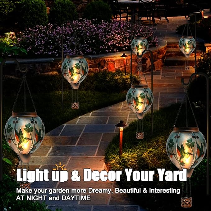 Hot Air Balloon Solar Lantern - Hummingbird Glass Lantern Simulated Flickering &amp Dancing Flame Outdoor Hanging Shamrock Yard Light Waterproof IP65 for Patio Lawn Porch Decor Irish Gift