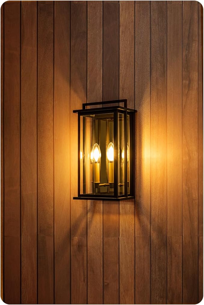 Outdoor Wall Lights with Clear Glass Black Exterior Porch Lights Wall Mount Outdoor Wall Sconce with Gold Candelabra Interior Wall Lantern Patio Light Fixture for House Entryway Garage