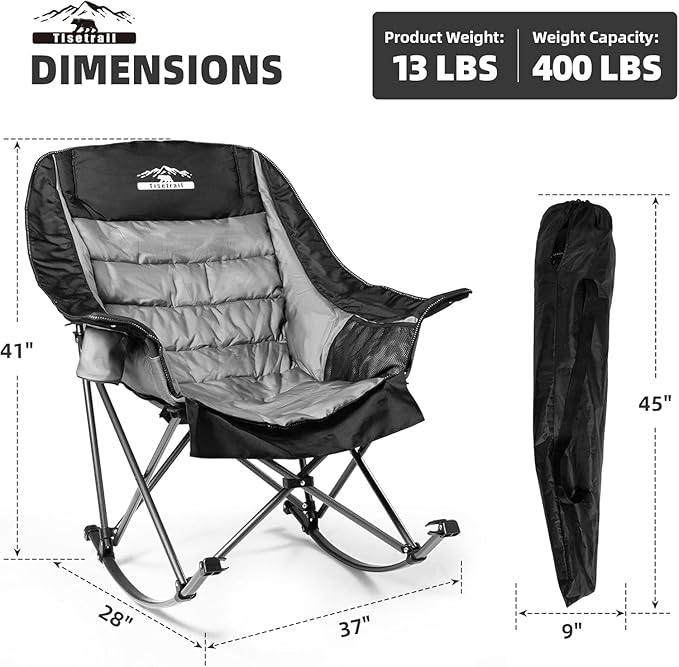 Oversized Rocking Camping Chairs Set of 2 Fully Padded Camp Chairs for Adults with Side Pocket and Cup Holder Heavy-Duty 400lbs Capacity Black &amp Gray