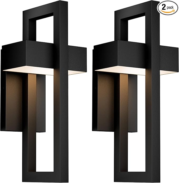 Krychiler 16.5 Inch Contemporary Outdoor Wall Lights with 3000K Integrated LED 2 Packs Matte Black Metal Modern Exterior Lighting Fixtures Outside Wall Mount for House Porch Patio Garage Front Door