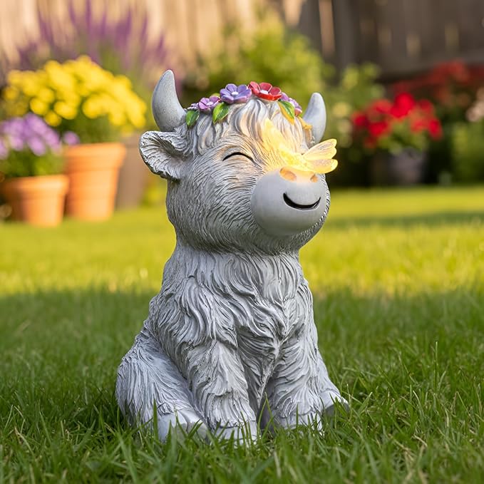 Solar Highland Cow Garden Statue with Glowing Butterfly Outdoor Highland Cow Decorations for Patio Yard Lawn Ornaments Gifts for Mom/Grandma Birthday Housewarming