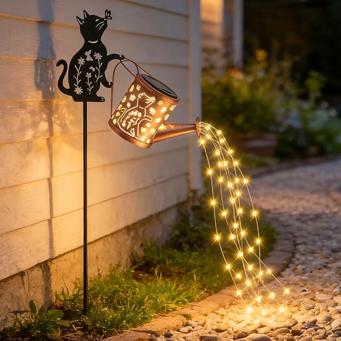 Garden Lanterns Solar Watering CanGarden Decor for OutsideCat Featuring a Metal Cat Silhouette Stake Ideal for Outdoor Landscaping Lawns and Pathways a Perfect Garden Gift for Women