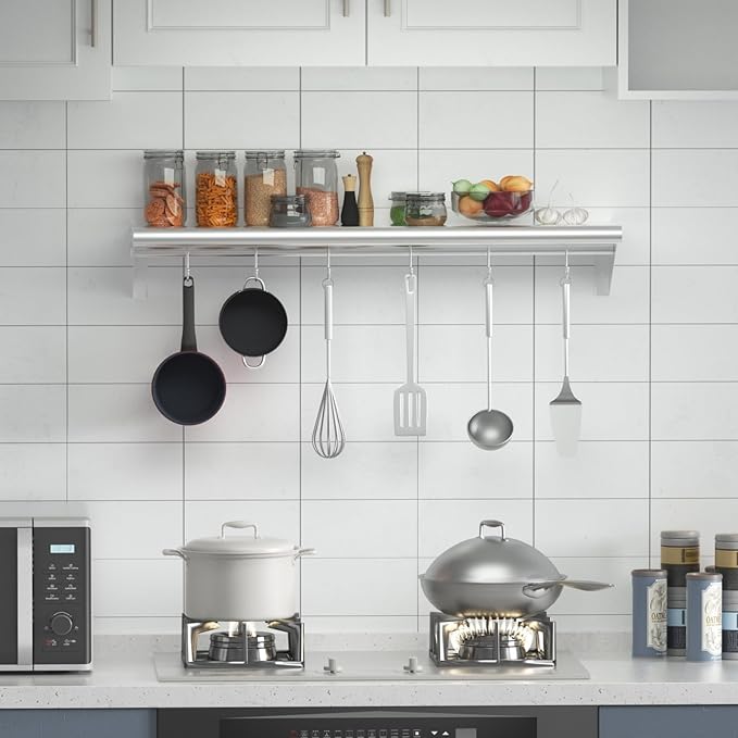 Treshin Stainless Steel Shelf with 6 Hooks 14 x 48 Inches Commercial Wall Mount Floating Shelving Storage Pot Rack for Restaurant Kitchen Home Bar and Hotel