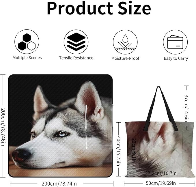 Husky Dog Beach Blanket Outdoor Packable Picnic Blanket with Zipper Folds Into Tote Bag Waterproof Picnic Mat Portable Beach Mat for Camping Hiking Festivals