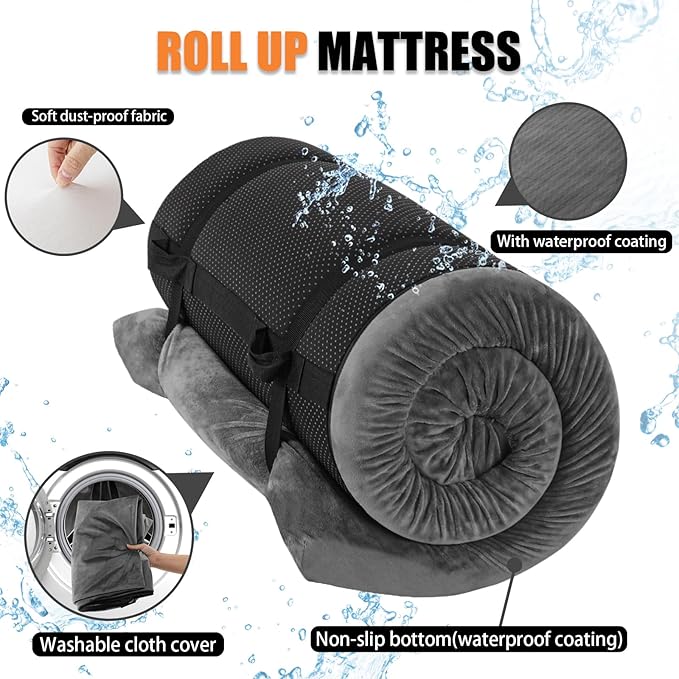 Sleeping Pad3-inch Thick Memory Foam Camping MattressPortable Roll-Up Mat for Car/Tent/Floor/Cot/TravelComfortable Pad for Guests Sleepover
