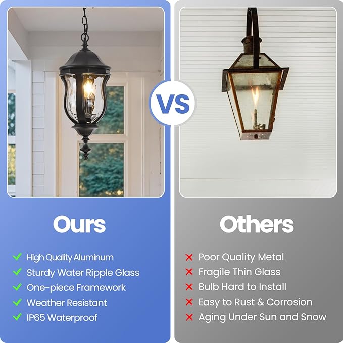 Large Outdoor Pendant Light Fixtures 19.1'' Exterior Hanging Lantern Porch Light Adjustable Black Hanging Lamp Farmhouse Exterior Chandelier Ceiling Mount for Entrance Patio