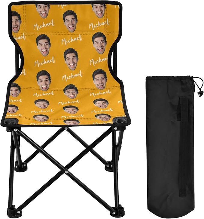 Sinestour Orange Custom Photo Folding Camping Chair for Teen Child Personalized Name 14.6×14.6in Portable Outdoor Chair with Carry Bag for Travel Picnic Barbeques