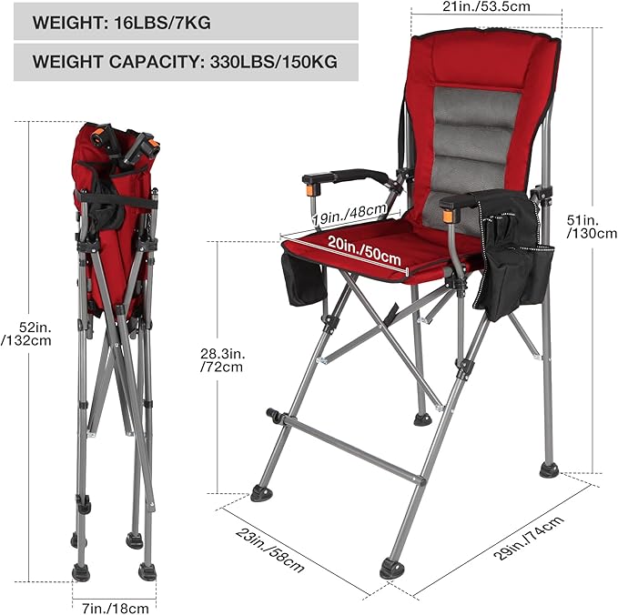 Extra Tall Folding Chairs for Adults 330lbs Portable Bar Height Foldable Director Chairs for Camping Outside Comfortable with Makeup Pocket High Back and FootrestRed