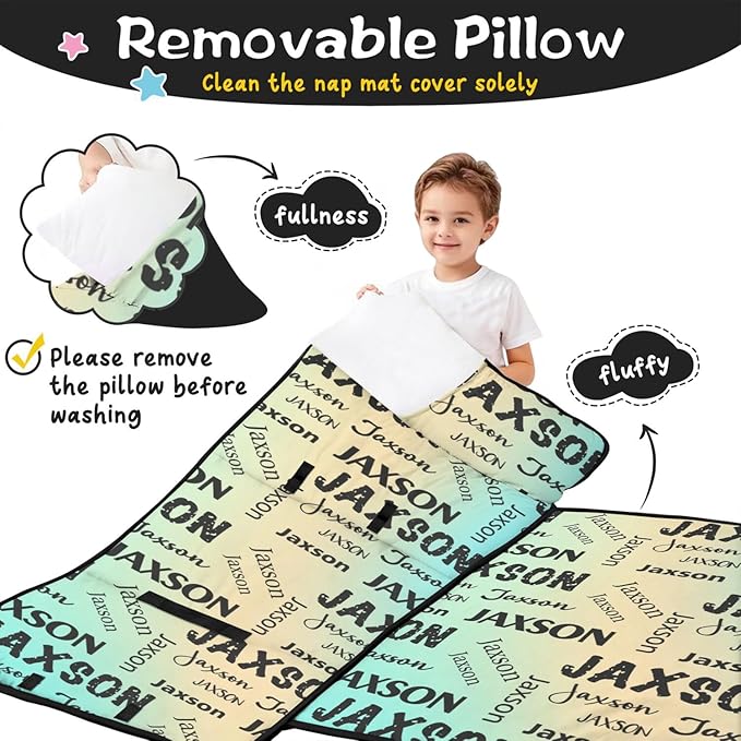 Personalized Name Toddler Nap Mat for Daycare Preschool Kindergarten Customized Kids Sleeping Bag with Pillow and Blanket for Girls Boys Custom Name Monogrammed Nap Mats for Toddlers