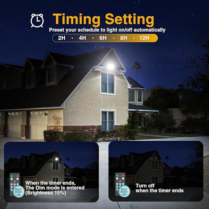 Onforu 100W Dusk to Dawn LED Outdoor Flood Light with Timer 9000LM Adjustable Brightness Work Light IP66 Waterproof Security Light with Plug for Yard 2 Pack