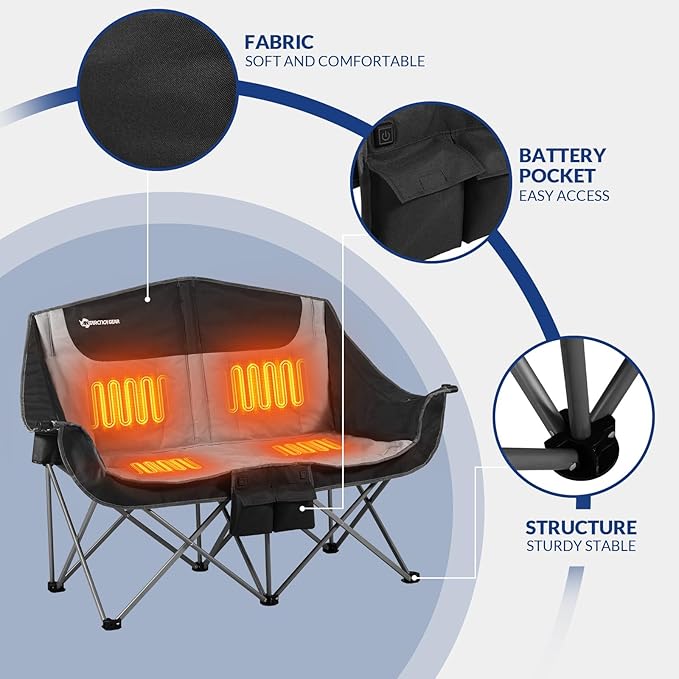 ANTARCTICA GEAR Heated Double Camping Chair 2-Person Folding Chair with 12V 16000mAh Battery Pack Heated Portable Loveseat Chair for Outdoor