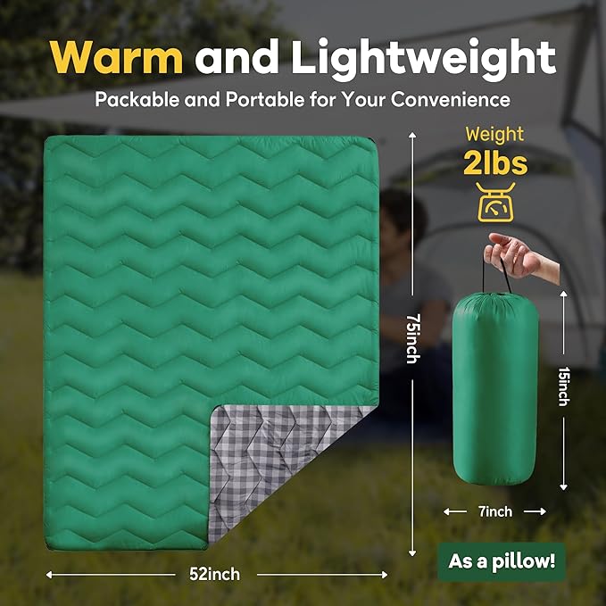 UNIKOME Waterproof Puffy Camping Blanket - Lightweight Packable Outdoor Quilt with Corner Loops Warm Compact Blanket for Cold Weather Hiking Picnic Stadium Travel 75×52 Green