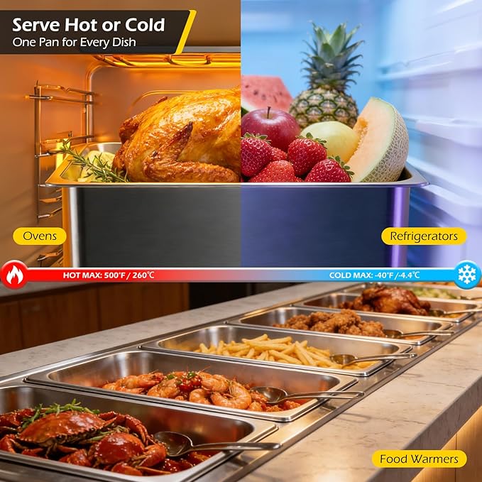 Dyna-Living 6 Pack Hotel Pans Full Size 6 Inch Deep Stainless Steel Steam Table Pan with Lids Anti Jam Stackable Commercial Food Pans for Buffet Hotel Home Restaurant Party Catering Supplies