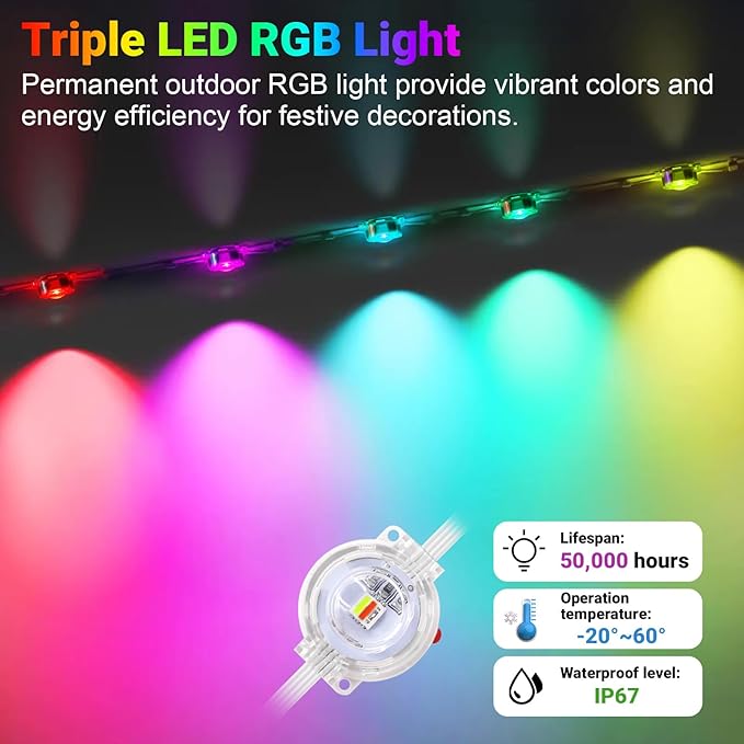 150FT Permanent Smart RGB LED Eaves Outside Lights Music Sync Timing Function Remote Control and IP67 Waterproof LED Outdoor String Lights for All Holiday