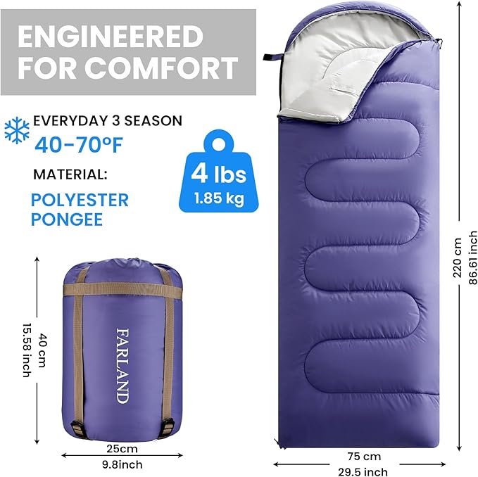FARLAND Sleeping Bags 30℉ for Adults Teens Kids with Compression Sack Portable and Lightweight for 3-4 Season Camping HikingWaterproof Backpacking and Outdoors