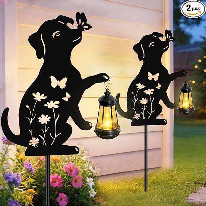 Solar Lights Outdoor 2 Pack Metal Dog Solar Lights Birthday Gifts for Women Mom Mother's Day Waterproof Metal Hanging Lantern Stakes Garden Decor Outside Patio Yard Pathway BackyardLawn