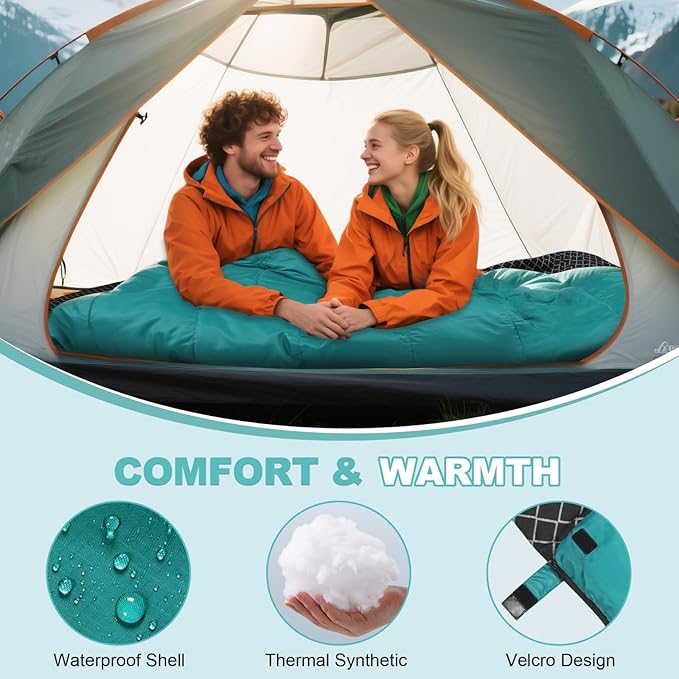 AGEMORE Cotton Flannel Double Sleeping Bag for Camping Backpacking Or Hiking. Queen Size 2 Person Waterproof Sleeping Bag for Adults Or Teens. Lightweight with Compression Sack