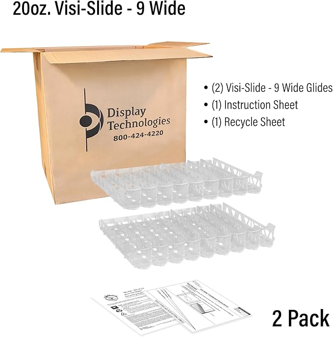Visi-Slide 20oz Soda Beverage Dispenser - Gravity Fed Glide for Angled Shelves for Coolers Commercial Refrigerators Cold Vaults (Pack of 2) Drink Dispenser and Organizer for Cans Bottles and More