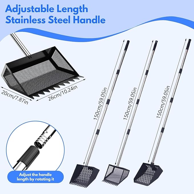 Adjustable manure shovel made of stainless steel with ergonomic and sieve plate for poultry farms. Durable manure shovel made of iron with rubber chain
