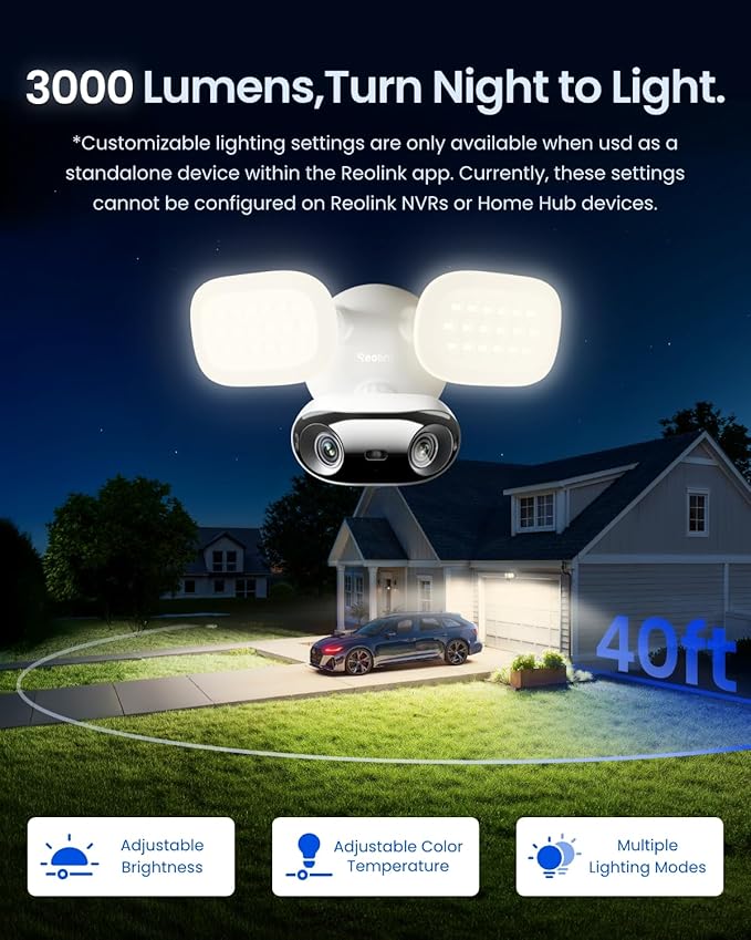 REOLINK Elite Floodlight WiFi 4K 8MP 180° Panoramic Wired Floodlight Camera Adjustable 3000 Lumens Local AI Video Search Dual-Band Wi-Fi 6 24/7 Recording No Monthly Fees 100~240V AC Hardwired