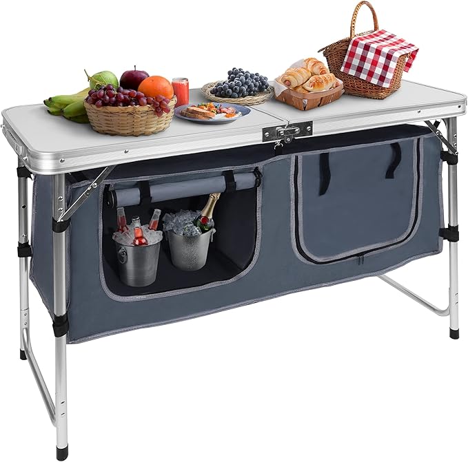 Elevon Aluminum Alloy Portable Camping Dining Storage Compartment Adjustable Table Legs Suitable for Beaches Courtyards Picnics BBQ and Parties White