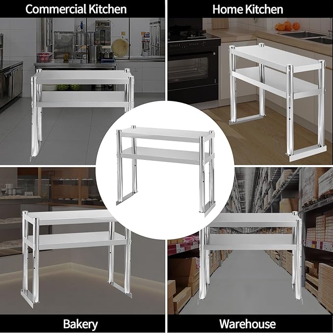 Stainless Steel Double Overshelf 30''L x 12''W Commercial 2 Tier Overshelf Height Adjustable Overshelf for Prep Work Table in Kitchen Restaurant