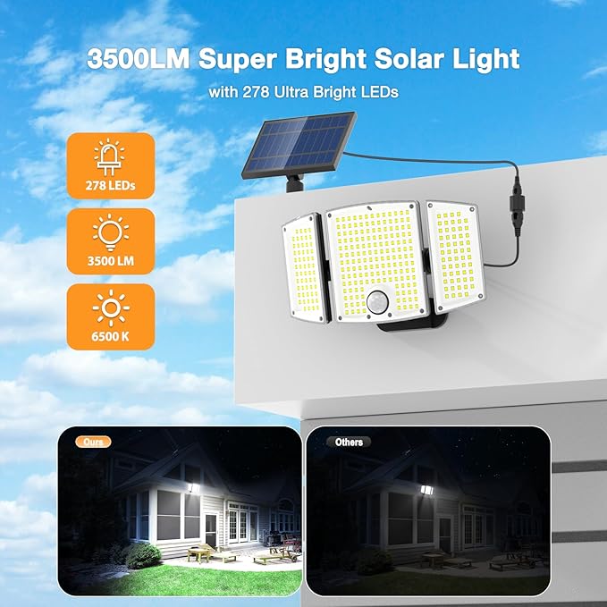 Onforu Solar Lights Outdoor 3500LM 278 LEDs Split Motion Sensor Flood Lights with 16.4 ft Cable 3 Modes IP65 Waterproof Security Lights with Remote Control for Yard Pathway Pool Garage 4 Pack