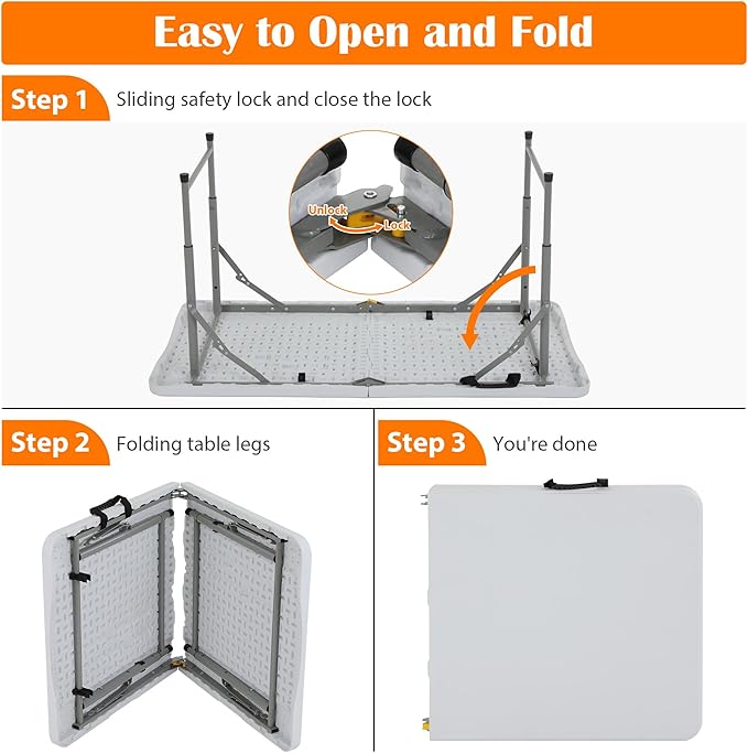 Portable Folding Table - 4 Foot White Plastic Camp Table with Steel Legs &amp Built-in Handle